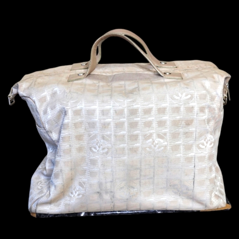 Chanel XL Travel Ligne Ivory Tan White Cream Nylon Duffle Bag